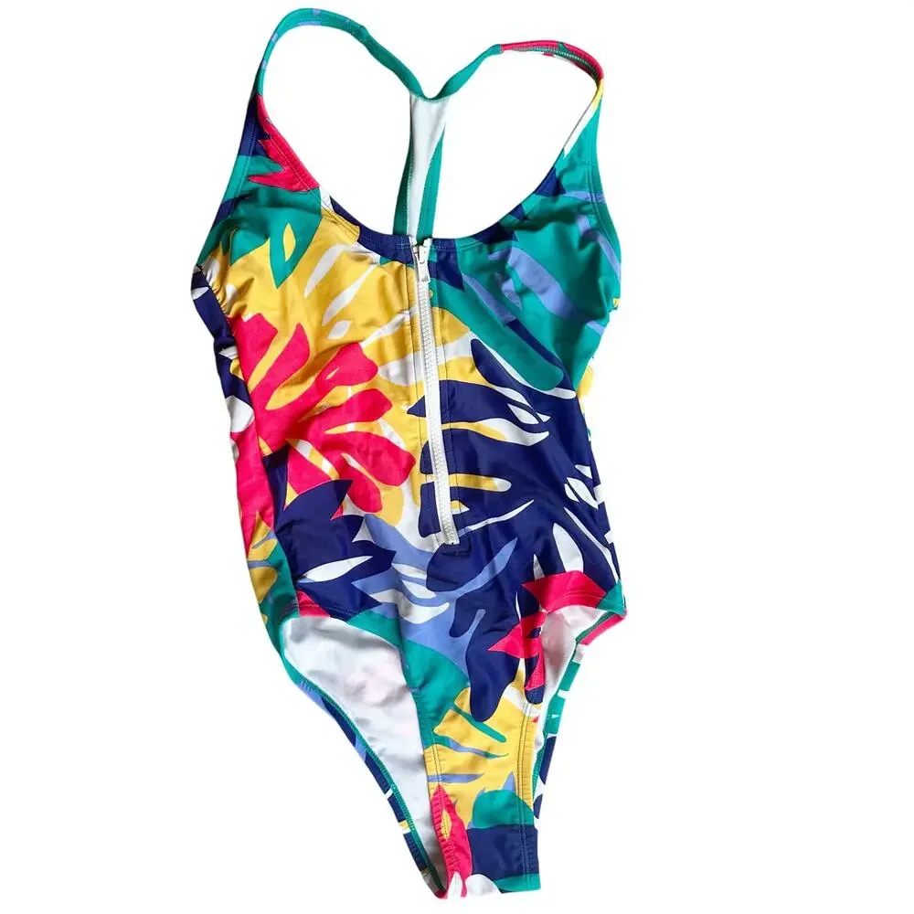 Joy Lab Front-Zip‎ One-Piece Swimsuit Multicolored Retro Size Small